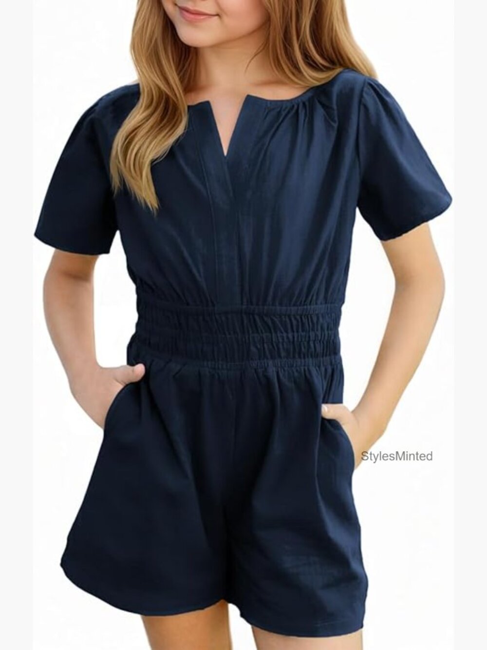 Kids V-Neck Short Sleeve Elastic Waist Summer Jumpsuit Romper with Pockets